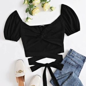 Puff sleeve twist cut out front tie back top